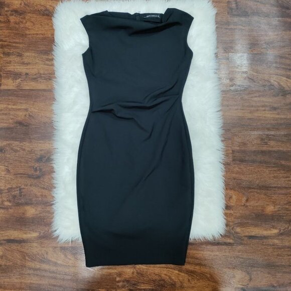 Zara Woman Basic Black Drape Neck Cap Sleeve Sheath Dress Women's Size Large - Picture 3 of 13